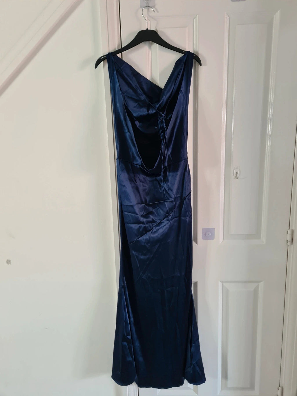 Shein women blue satin long dress sleeveless backless tie back bust ruched party occasion dress M/10