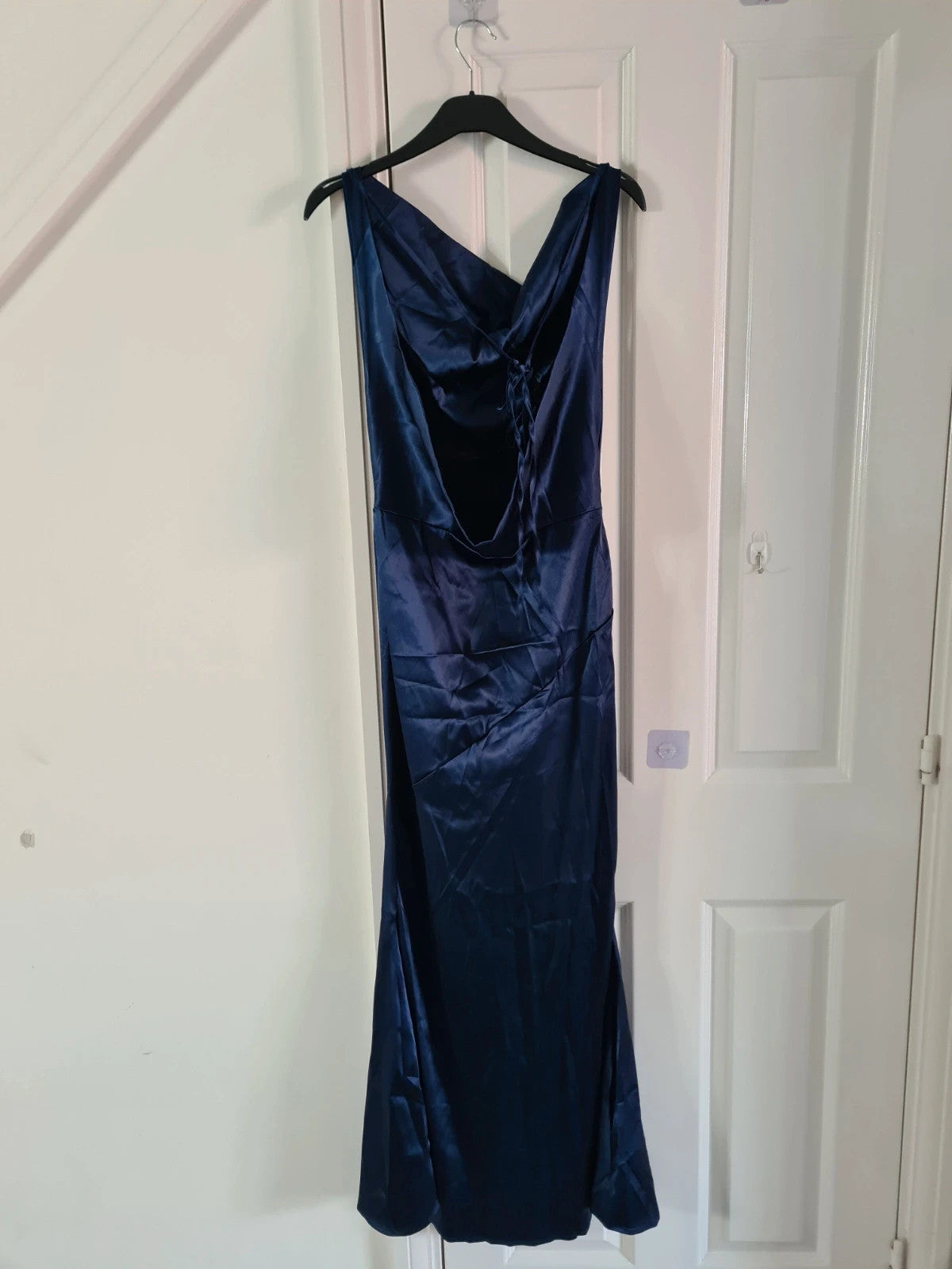 Shein women blue satin long dress sleeveless backless tie back bust ruched party occasion dress M/10