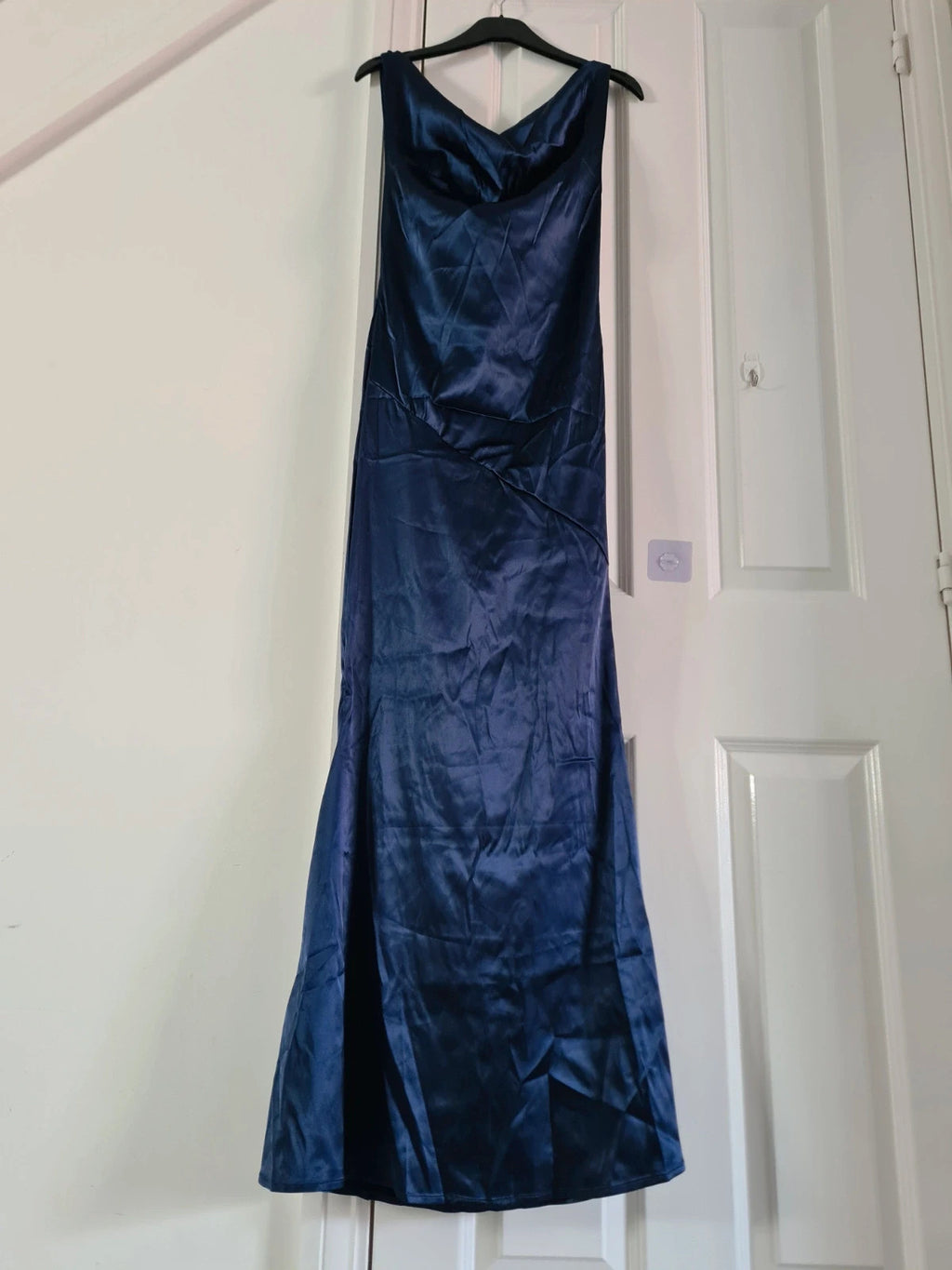 Shein women blue satin long dress sleeveless backless tie back bust ruched party occasion dress M/10