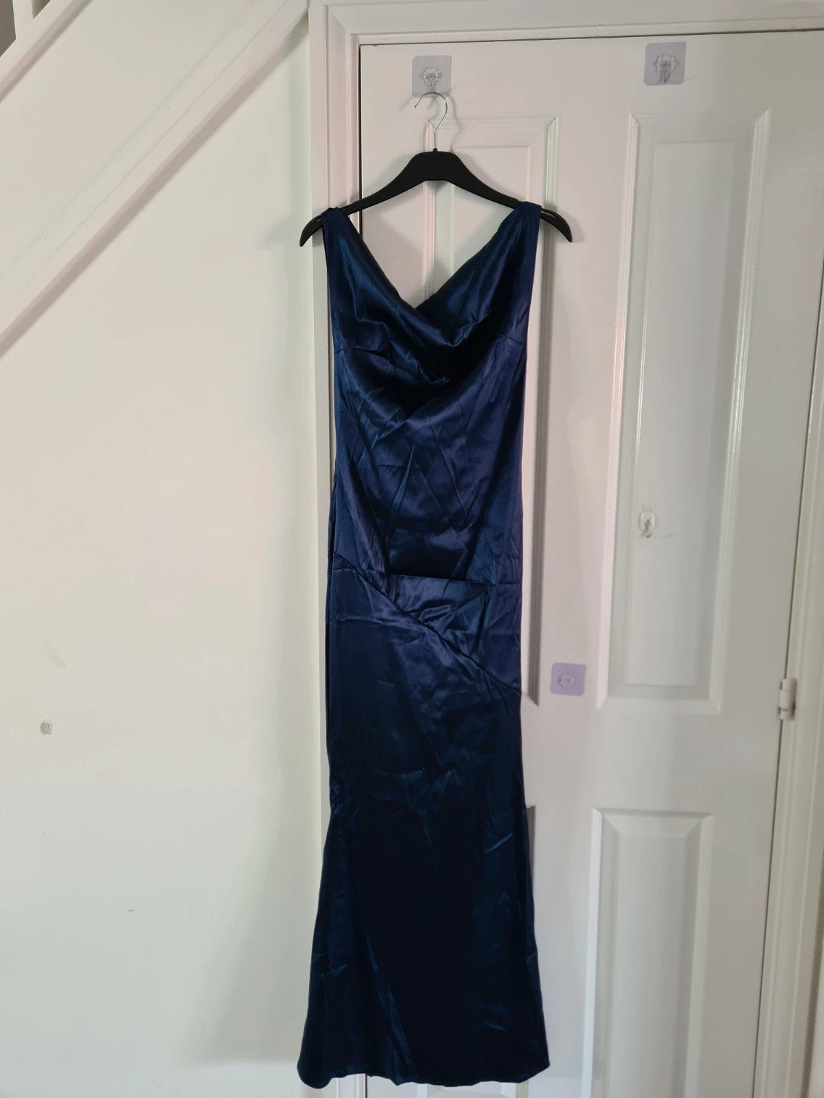 Shein women blue satin long dress sleeveless backless tie back bust ruched party occasion dress M/10