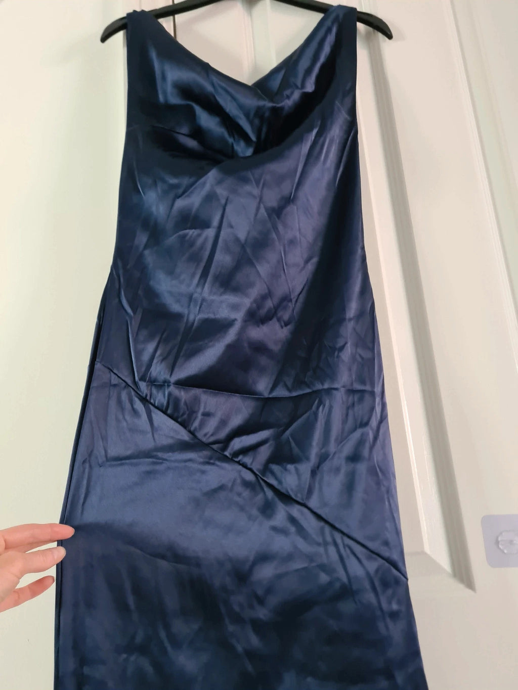 Shein women blue satin long dress sleeveless backless tie back bust ruched party occasion dress M/10