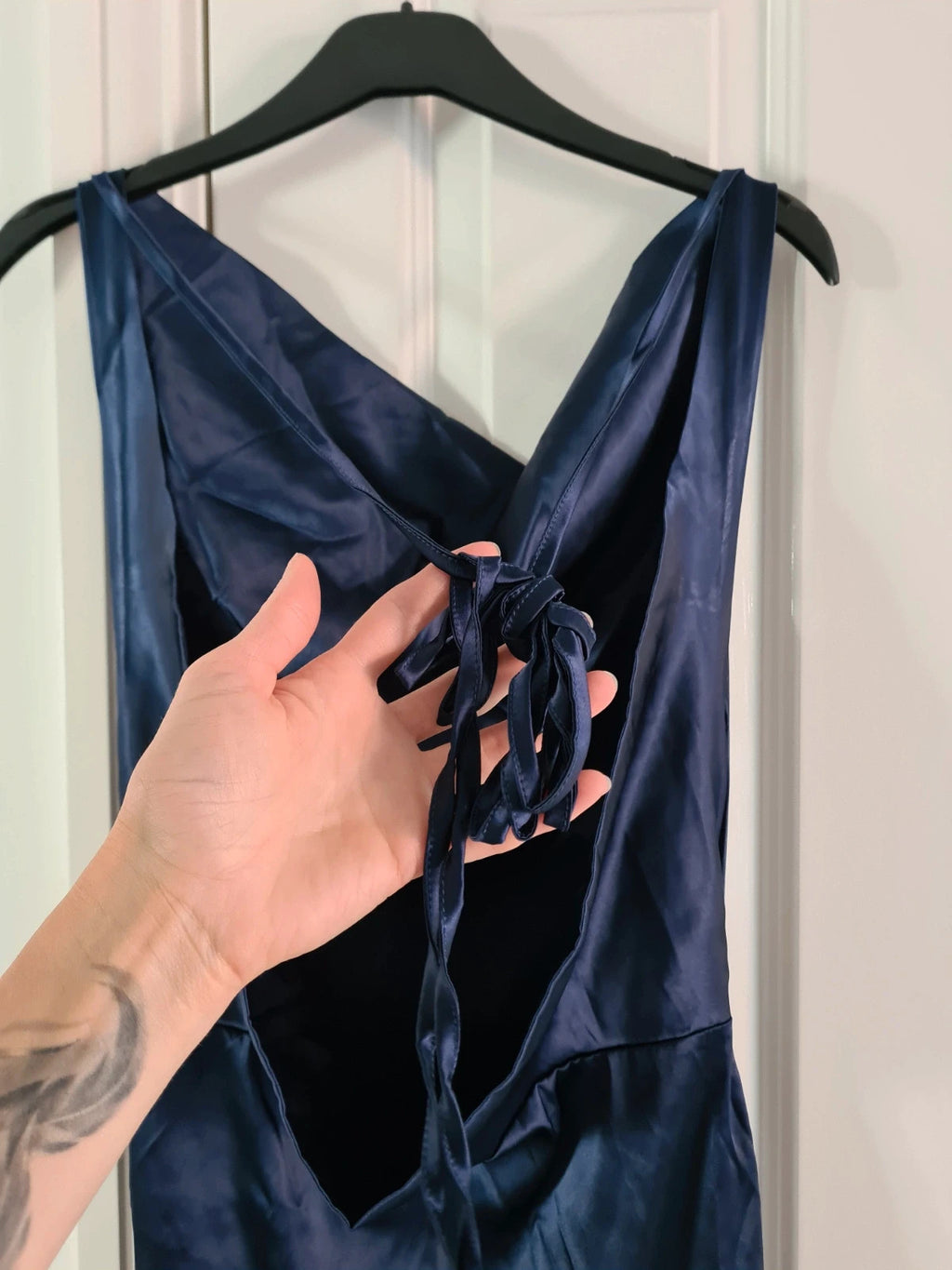 Shein women blue satin long dress sleeveless backless tie back bust ruched party occasion dress M/10
