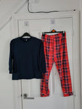 Generic kids boys 10y Xmas 2pcs pyjamas long sleeve top and check woven bottom sleepwear red/navy