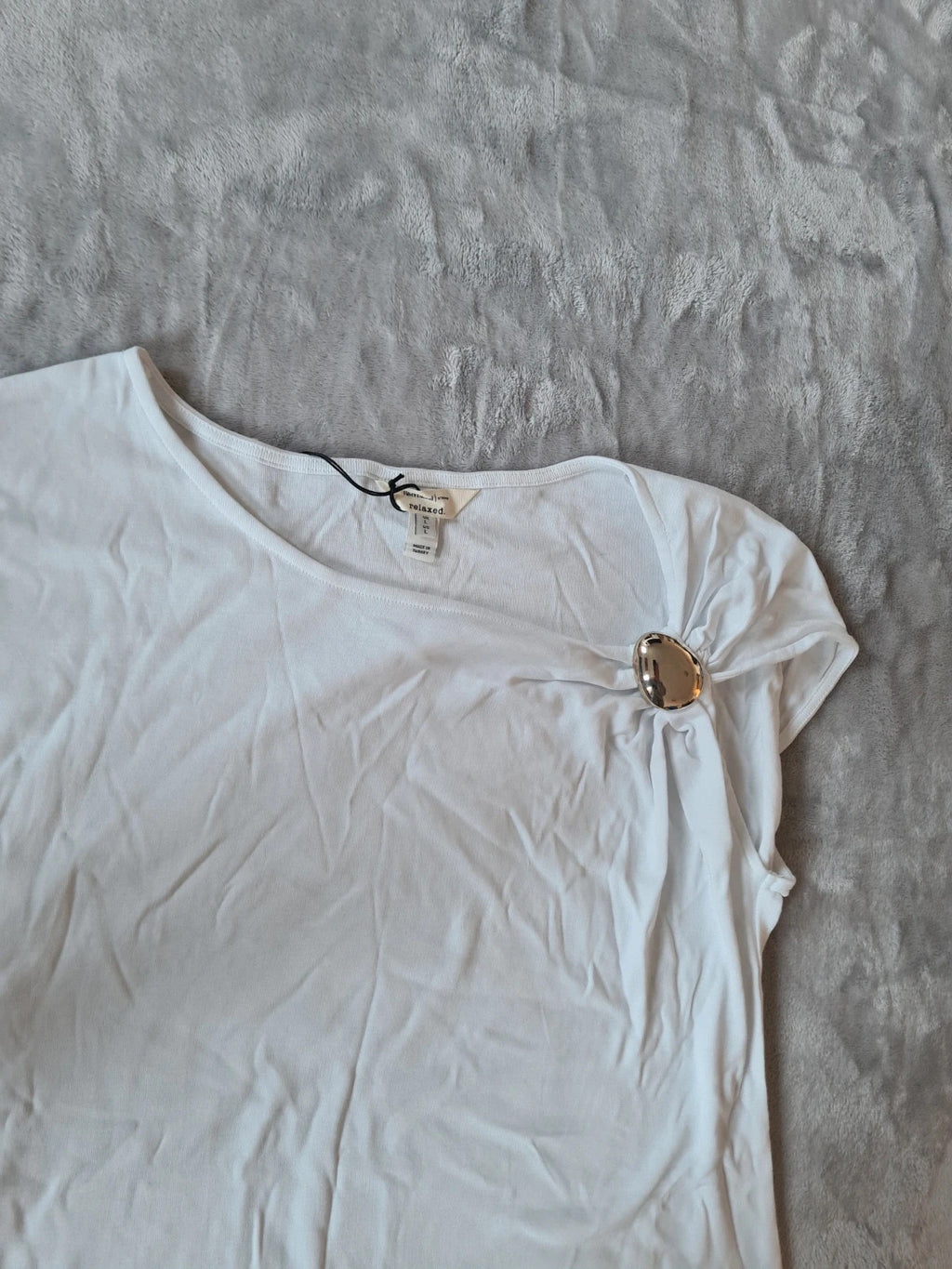 River Island women drape shoulder detail T-shirt white cotton cap sleeve drape trim shirt L/12