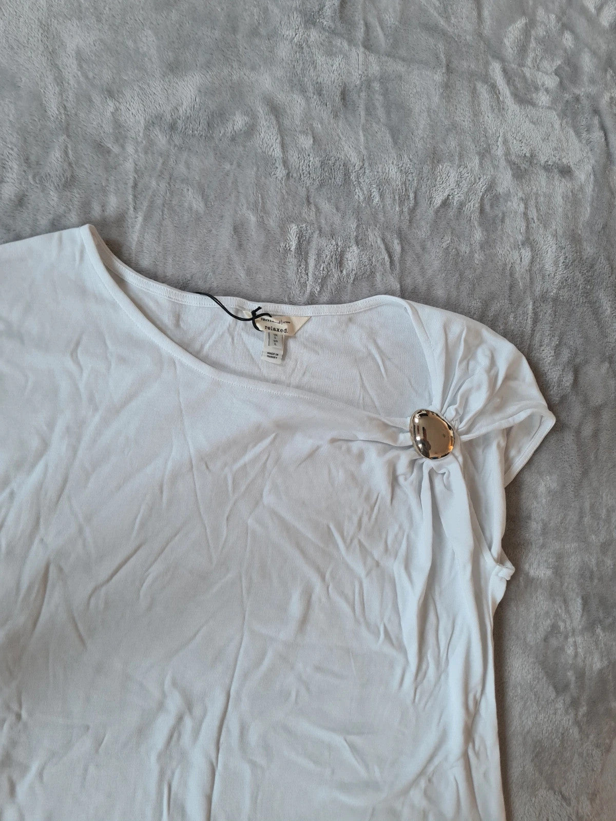 River Island women drape shoulder detail T-shirt white cotton cap sleeve drape trim shirt L/12
