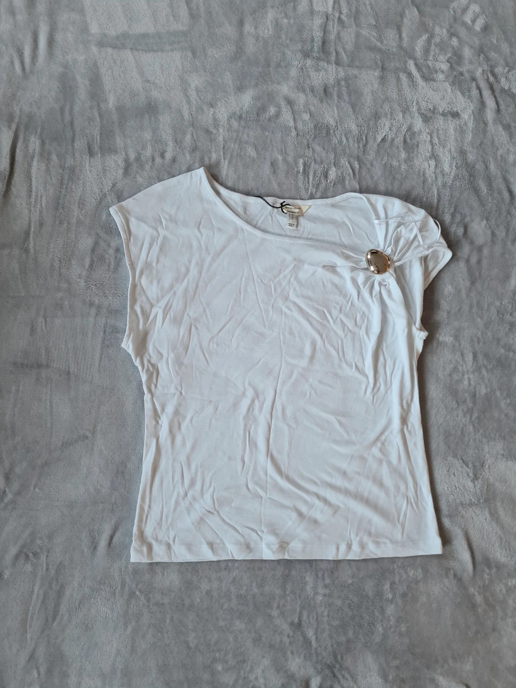 River Island women drape shoulder detail T-shirt white cotton cap sleeve drape trim shirt L/12