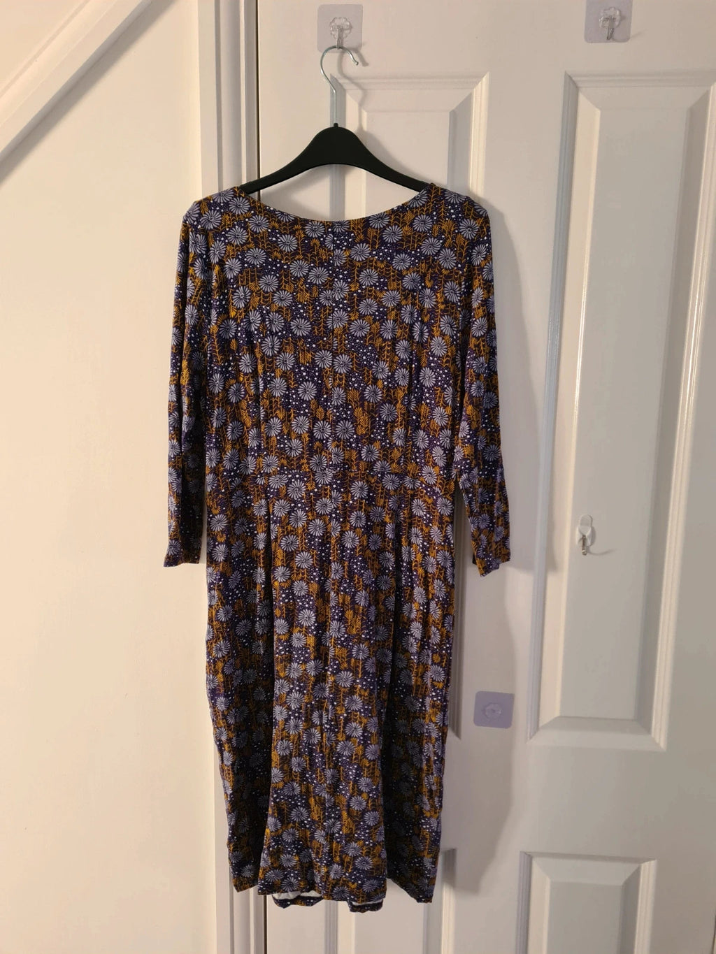 White Stuff women purple floral print midi dress jersey stretchy 3/4sleeve V-neck pockets soft L/12