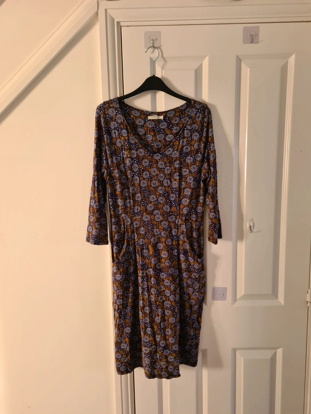 White Stuff women purple floral print midi dress jersey stretchy 3/4sleeve V-neck pockets soft L/12