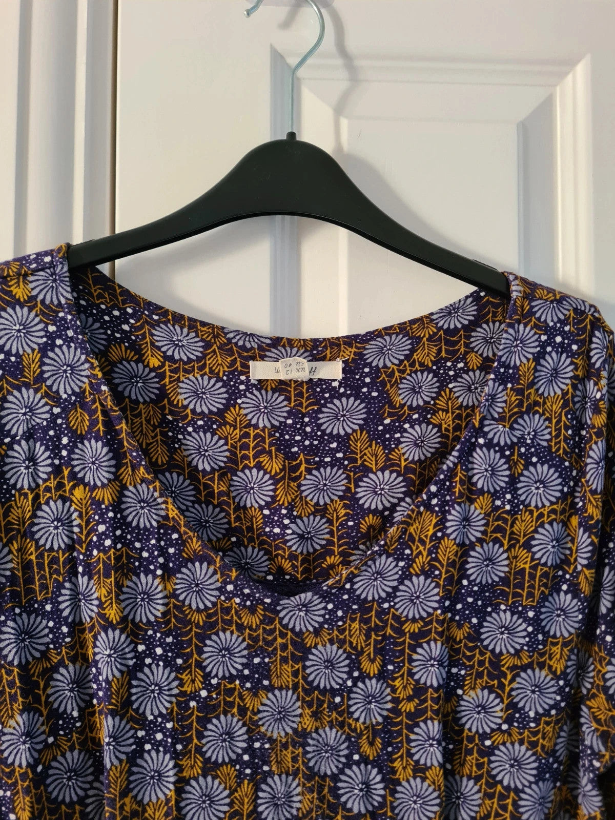 White Stuff women purple floral print midi dress jersey stretchy 3/4sleeve V-neck pockets soft L/12