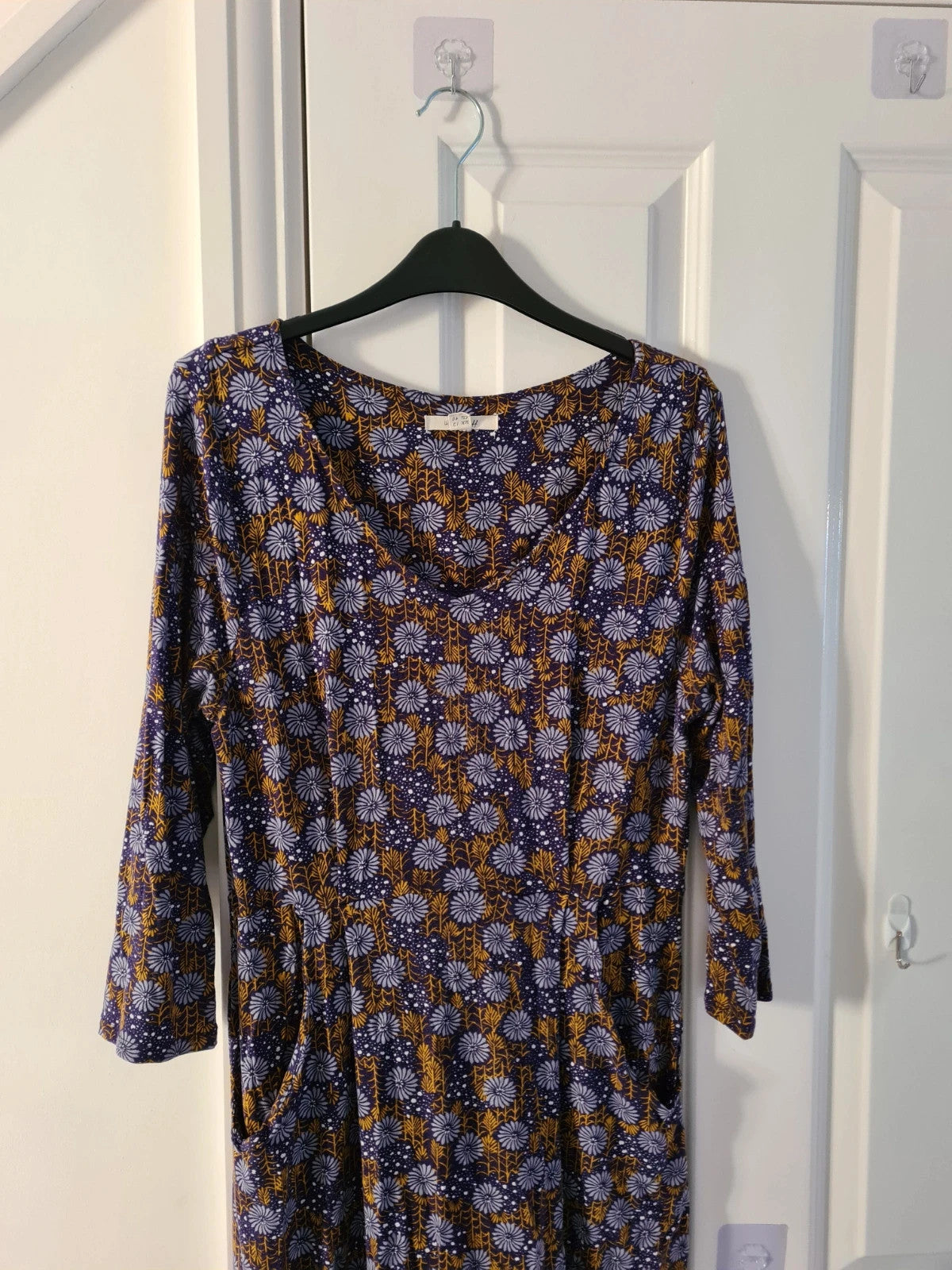 White Stuff women purple floral print midi dress jersey stretchy 3/4sleeve V-neck pockets soft L/12