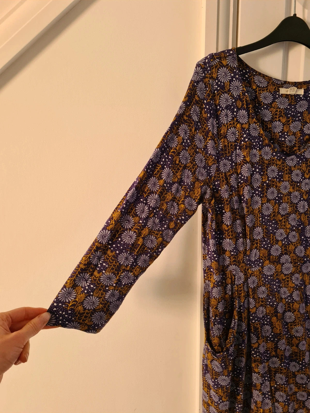 White Stuff women purple floral print midi dress jersey stretchy 3/4sleeve V-neck pockets soft L/12