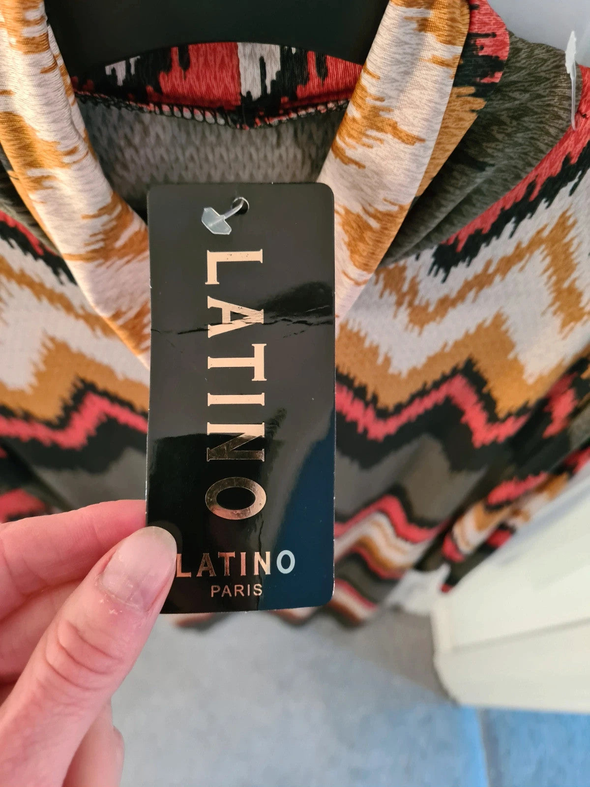 Latino Paris women green/multicolours chevron design midi dress turtleneck long sleeve straight S/8
