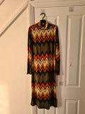 Latino Paris women green/multicolours chevron design midi dress turtleneck long sleeve straight S/8