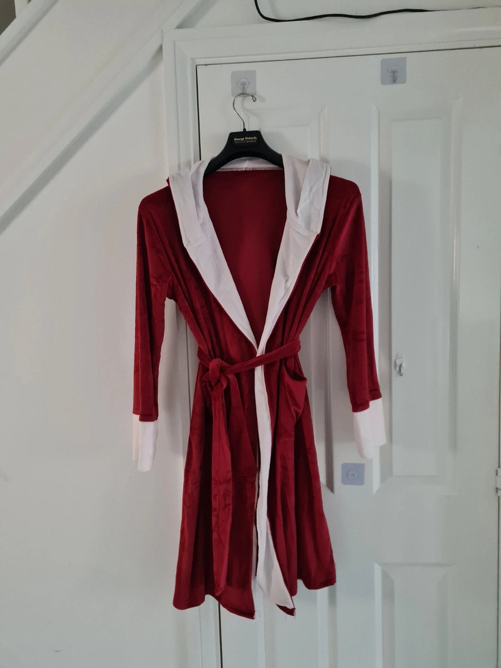 Generic women red/white bathrobe velour fleece dressing gown hooded nightwear loungewear L/12