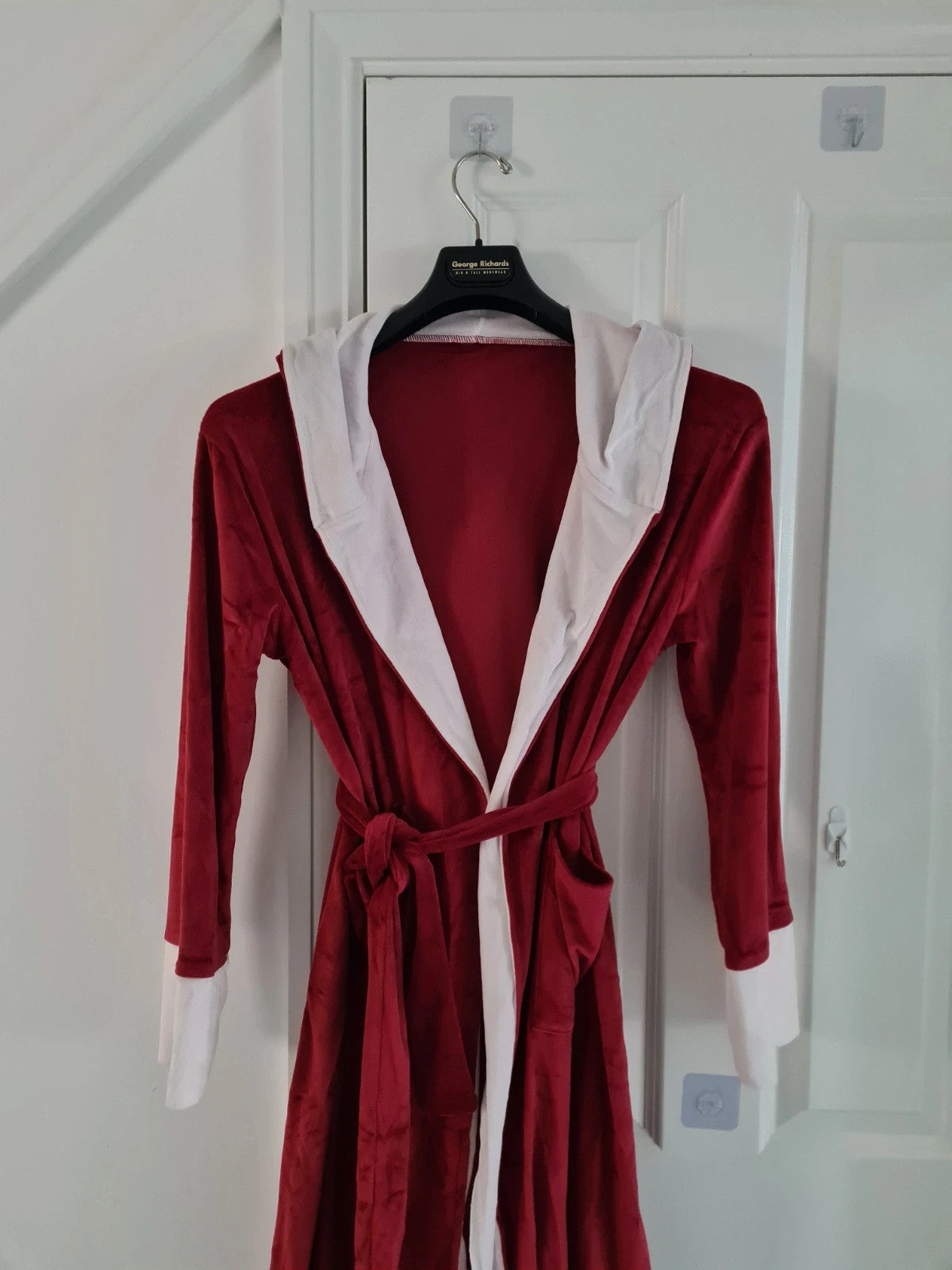 Generic women red/white bathrobe velour fleece dressing gown hooded nightwear loungewear L/12