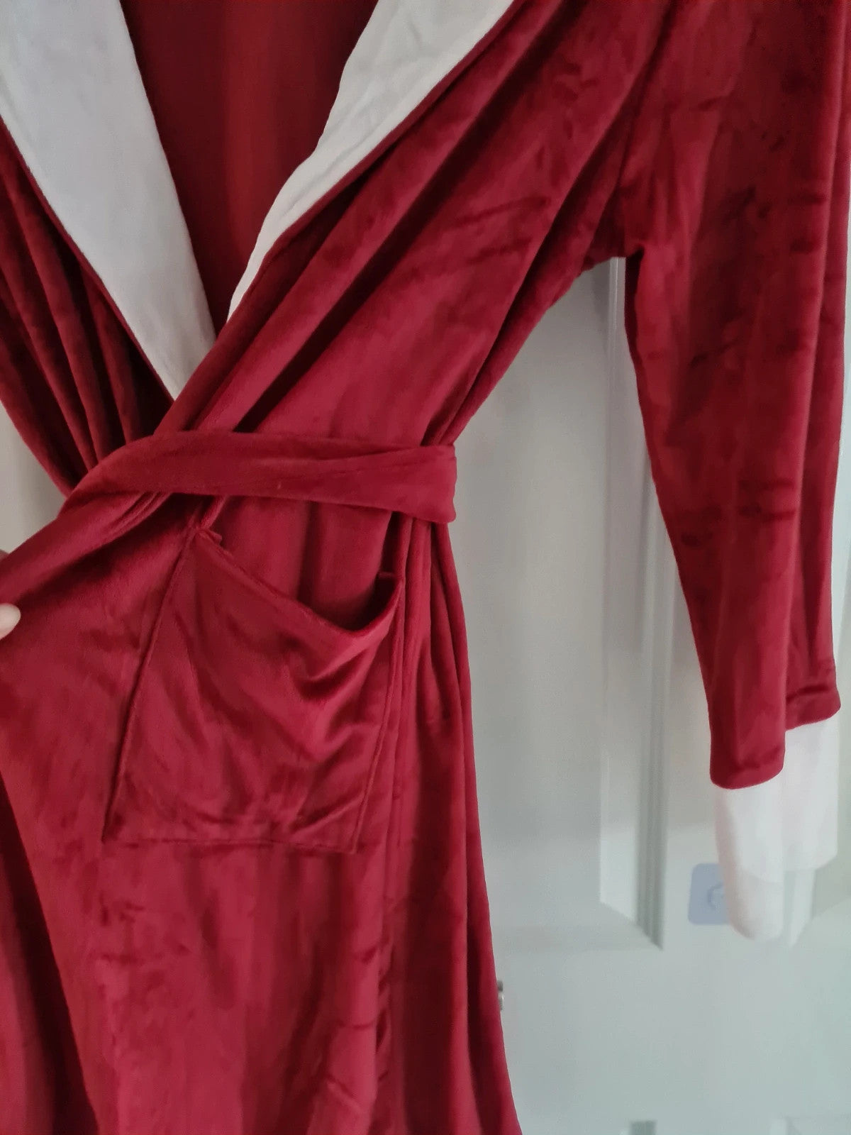 Generic women red/white bathrobe velour fleece dressing gown hooded nightwear loungewear L/12