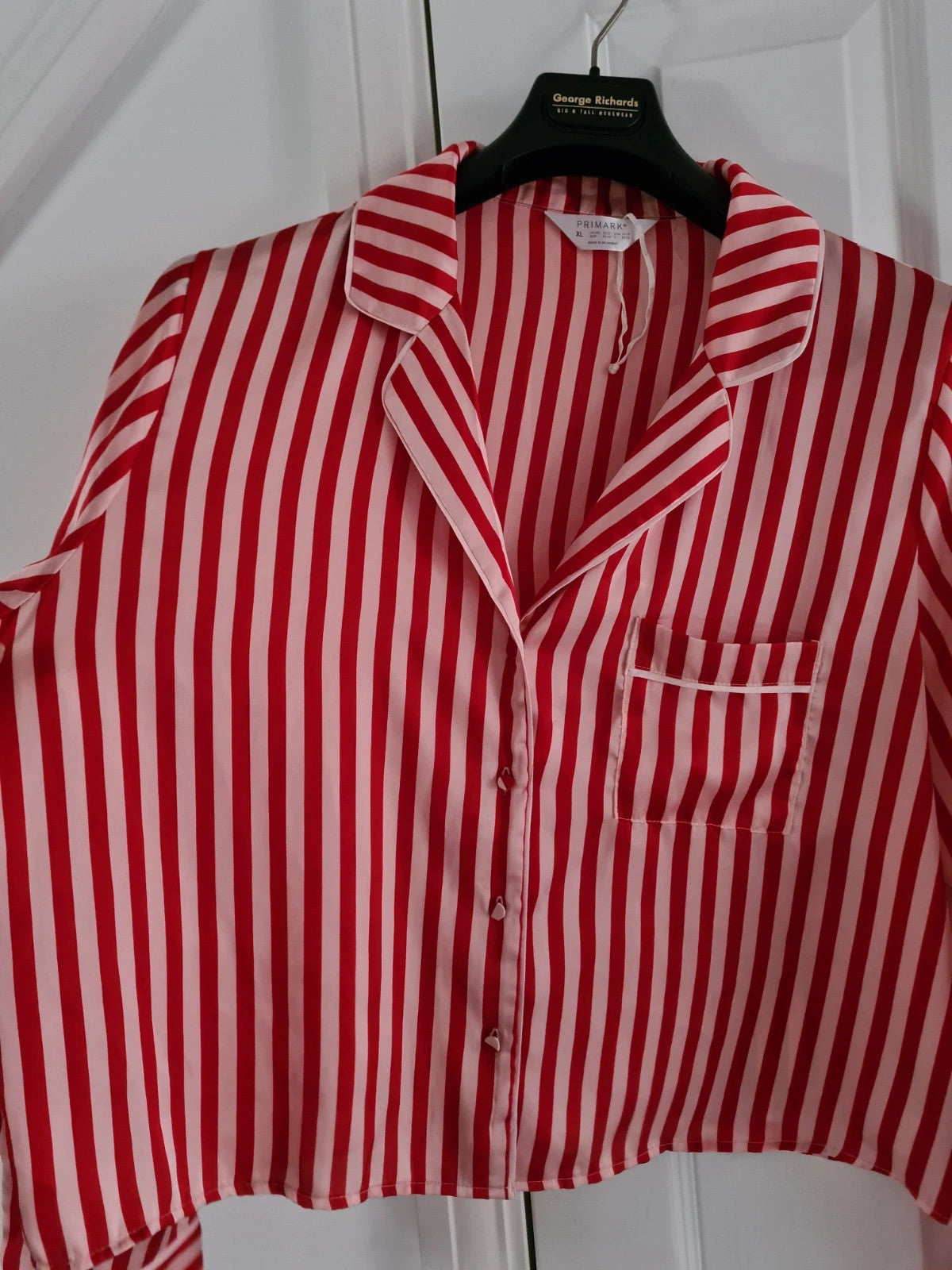 Primark women red/pink stripes satin pyjamas top button up long sleeve shirt sleepwear XL/18-20