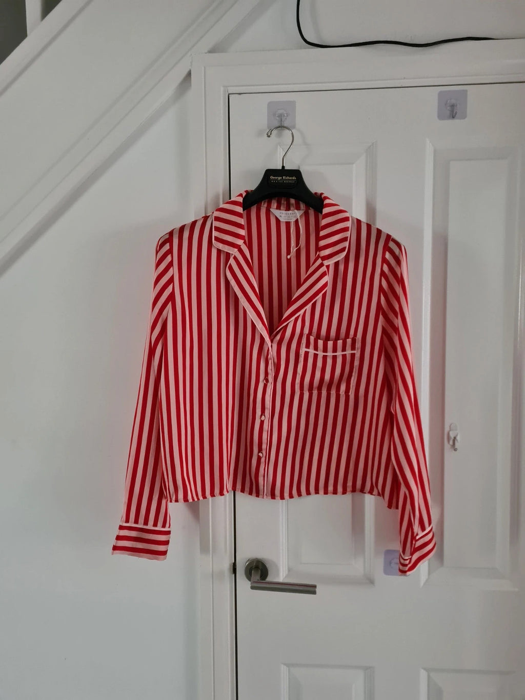 Primark women red/pink stripes satin pyjamas top button up long sleeve shirt sleepwear XL/18-20