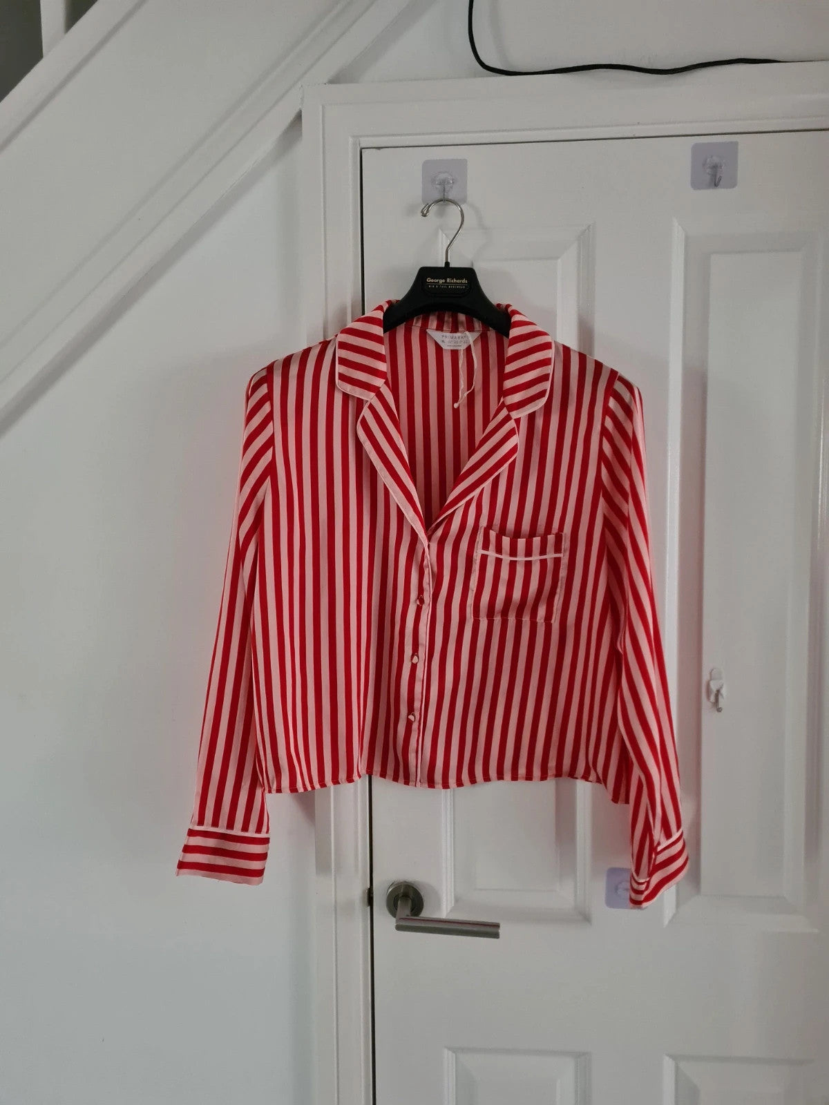 Primark women red/pink stripes satin pyjamas top button up long sleeve shirt sleepwear XL/18-20