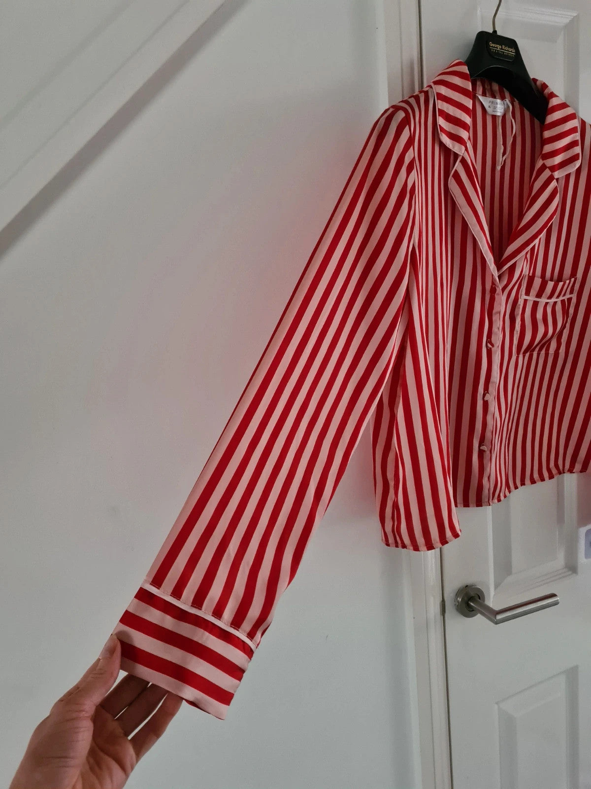 Primark women red/pink stripes satin pyjamas top button up long sleeve shirt sleepwear XL/18-20