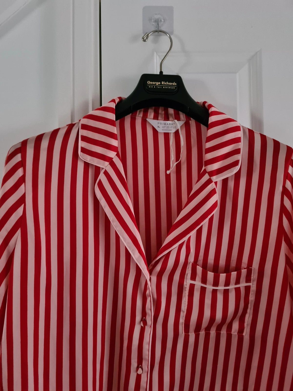 Primark women red/pink stripes satin pyjamas top button up long sleeve shirt sleepwear XL/18-20