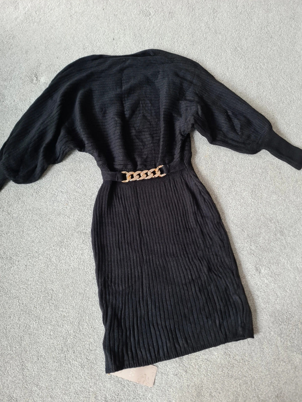 Emery Rose women black knitted viscose dress long tunic puff long sleeve belted gold detail Xmas S/8