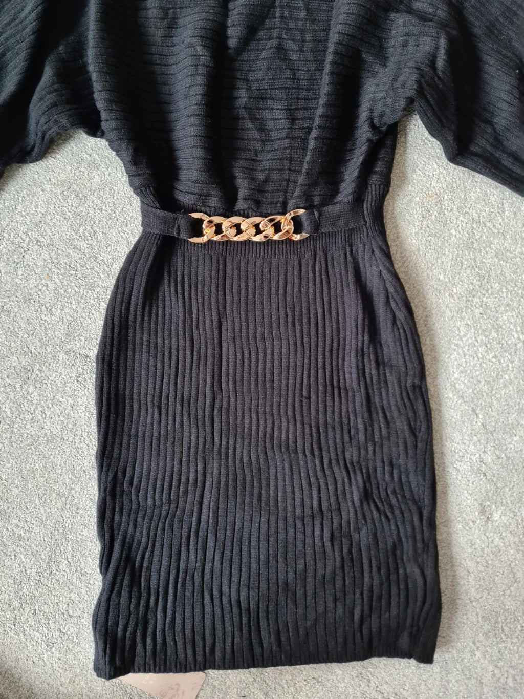 Emery Rose women black knitted viscose dress long tunic puff long sleeve belted gold detail Xmas S/8