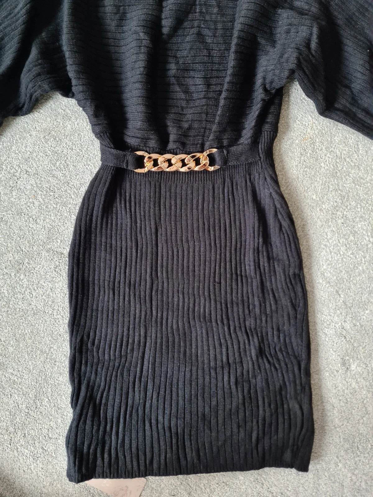 Emery Rose women black knitted viscose dress long tunic puff long sleeve belted gold detail Xmas S/8