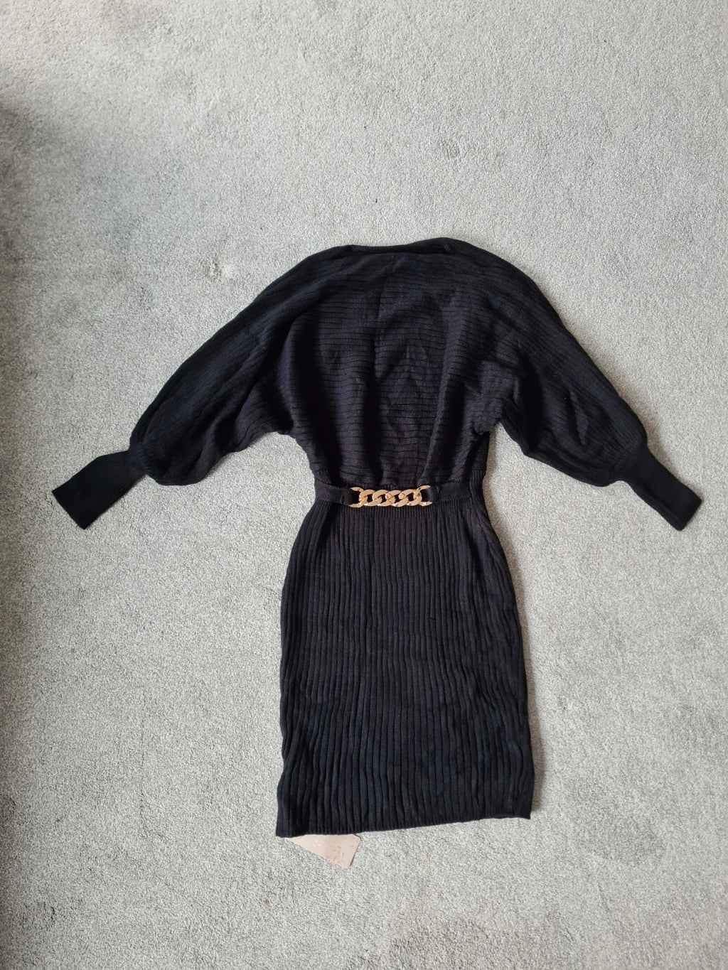 Emery Rose women black knitted viscose dress long tunic puff long sleeve belted gold detail Xmas S/8