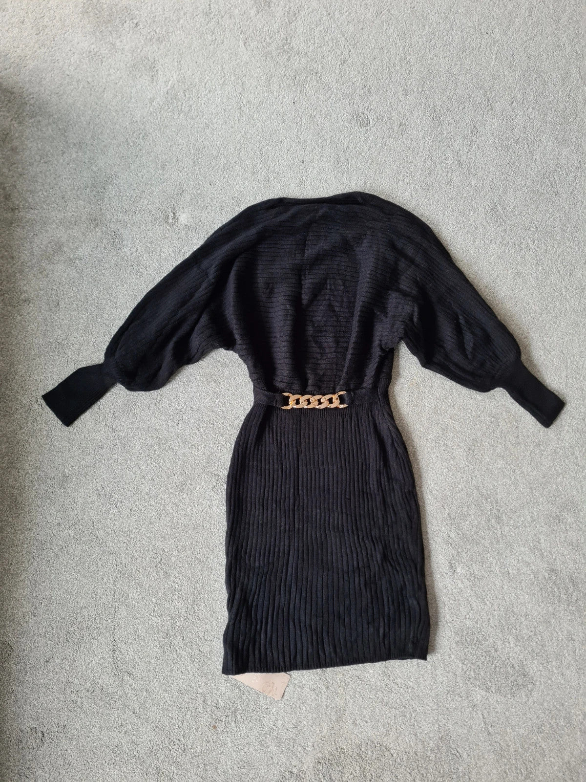 Emery Rose women black knitted viscose dress long tunic puff long sleeve belted gold detail Xmas S/8