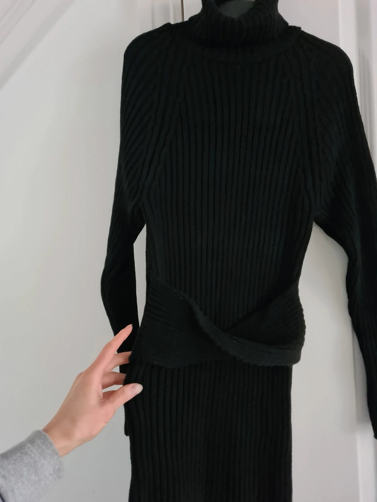 Generic women black turtleneck neck midi dress knitted front belt long sleeve Xmas outfits XS/6
