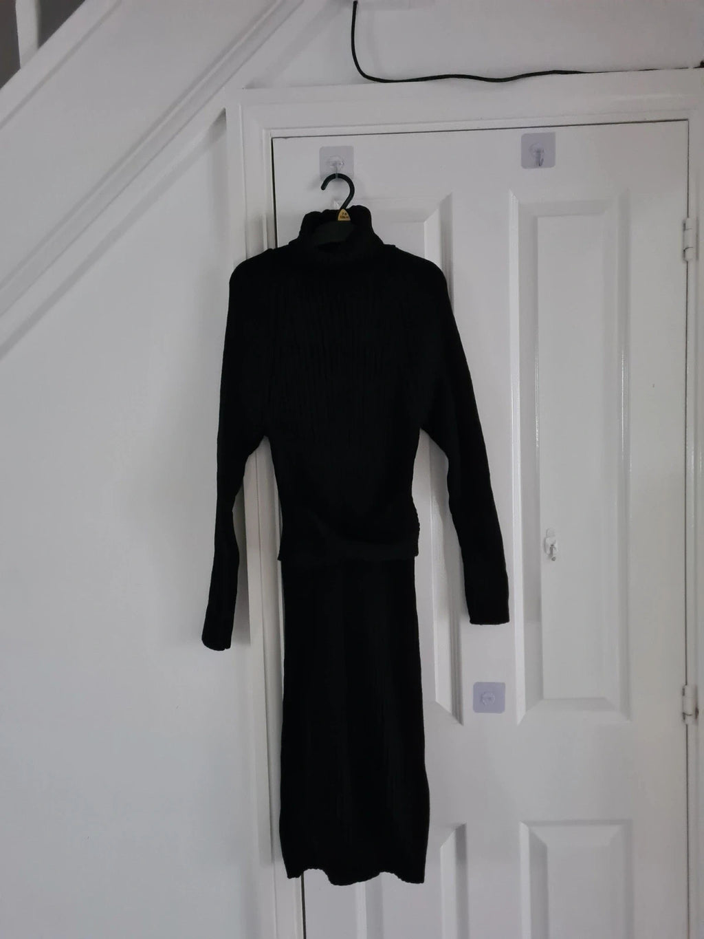 Generic women black turtleneck neck midi dress knitted front belt long sleeve Xmas outfits XS/6