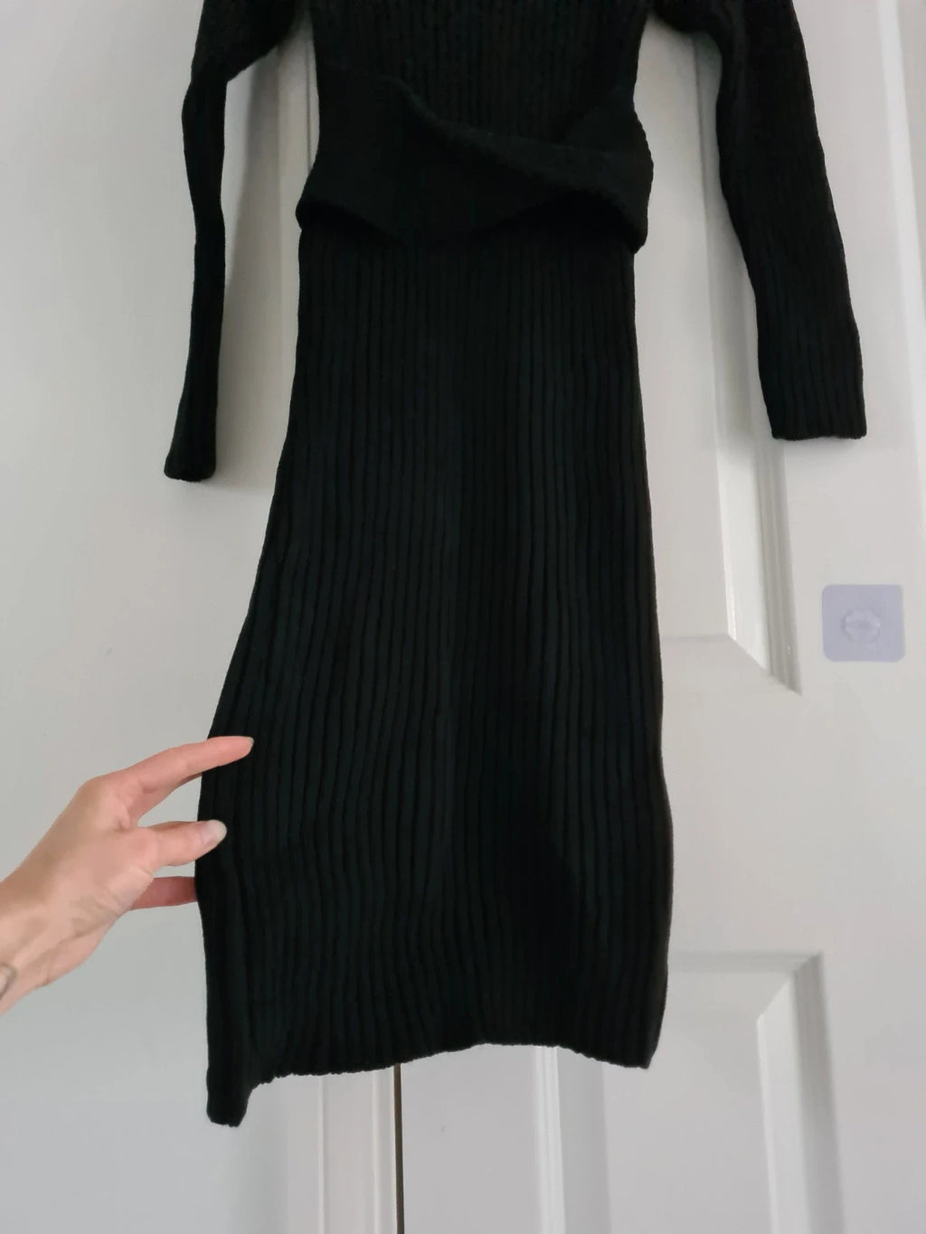 Generic women black turtleneck neck midi dress knitted front belt long sleeve Xmas outfits XS/6