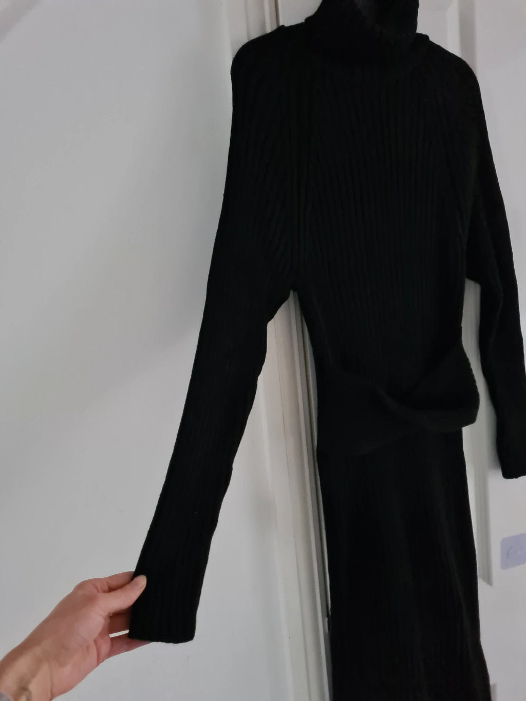 Generic women black turtleneck neck midi dress knitted front belt long sleeve Xmas outfits XS/6