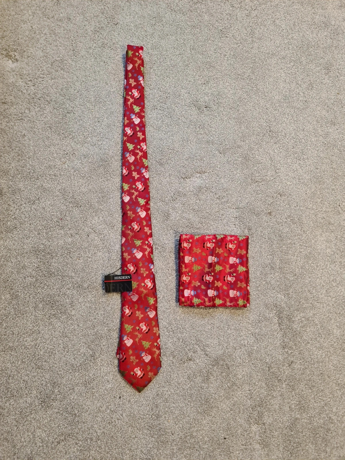 Hisdern men red Xmas novelty tie with square pocket santa claus snowmen patern funny necktie