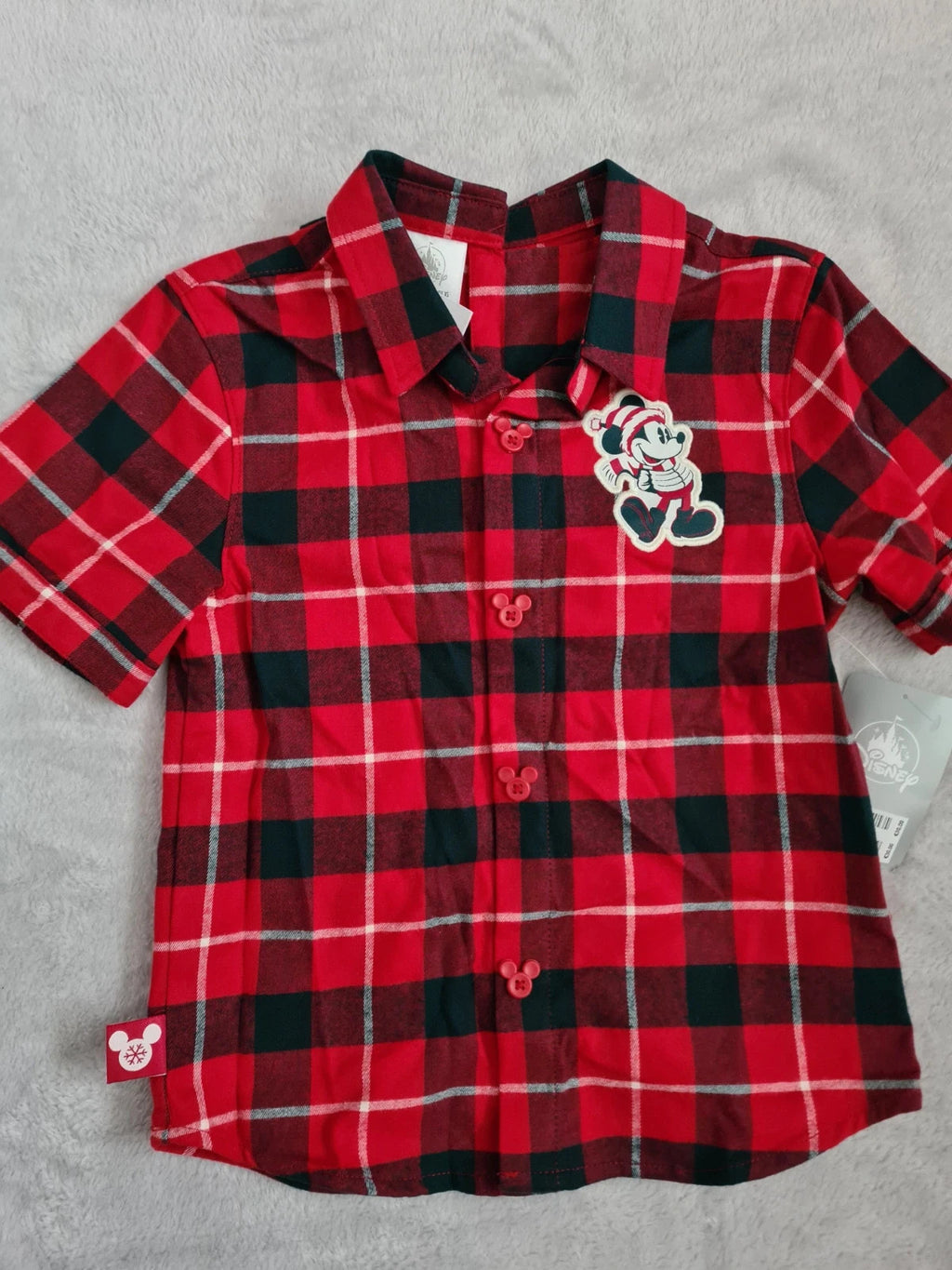 Disney kids boys 4y red/black check shirt short sleeve Mickey Mouse cotton popper back buttons Xmas