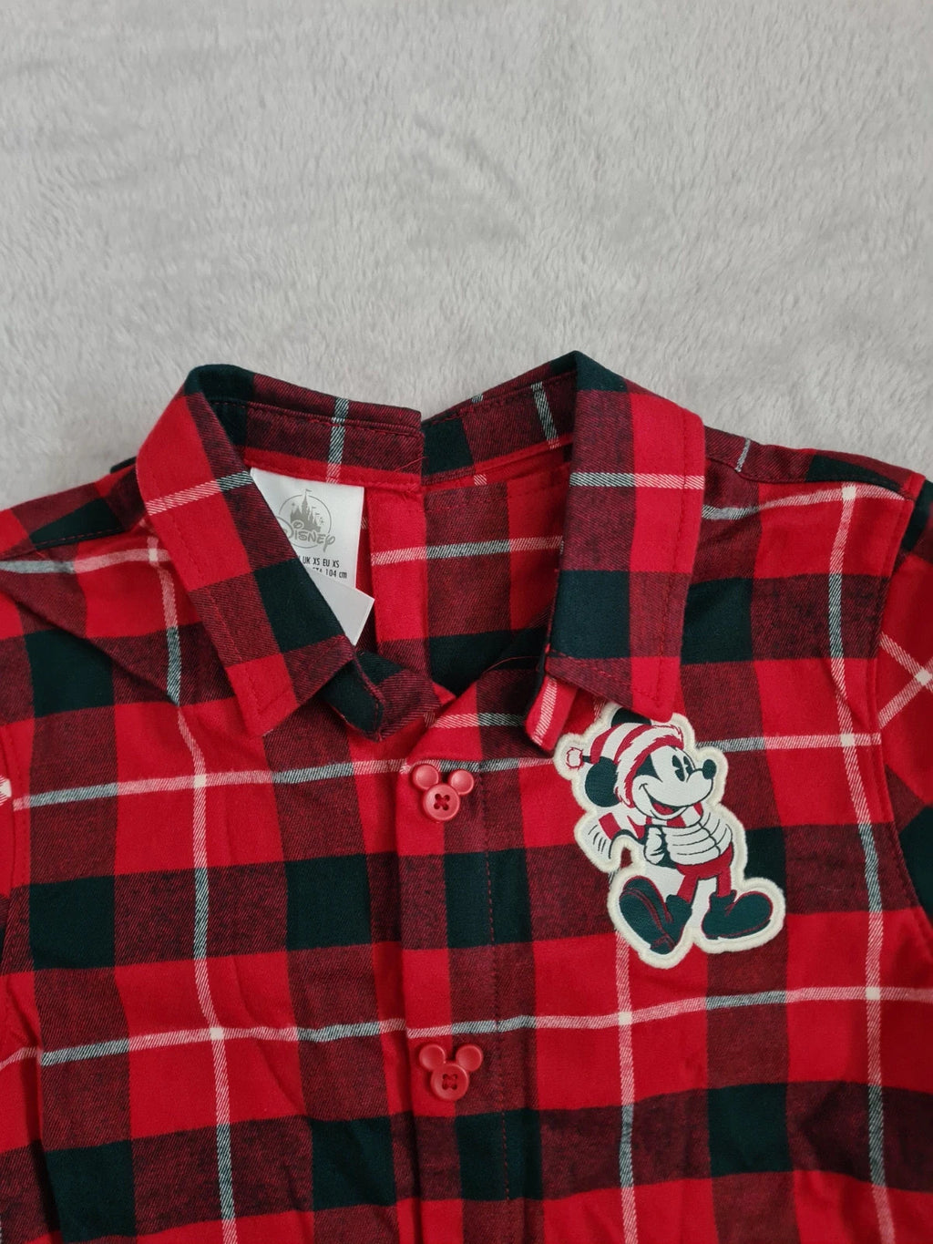 Disney kids boys 4y red/black check shirt short sleeve Mickey Mouse cotton popper back buttons Xmas