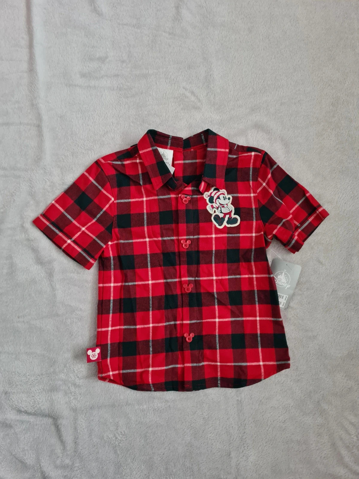 Disney kids boys 4y red/black check shirt short sleeve Mickey Mouse cotton popper back buttons Xmas