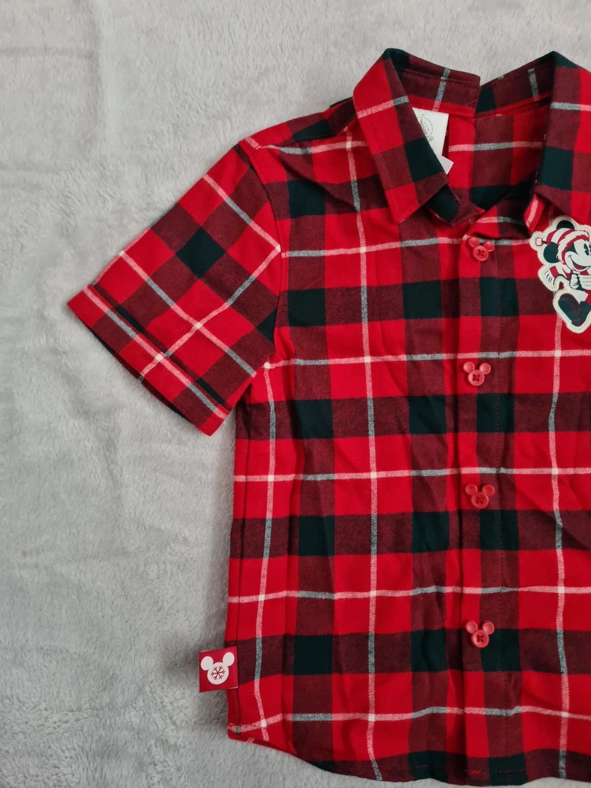 Disney kids boys 4y red/black check shirt short sleeve Mickey Mouse cotton popper back buttons Xmas