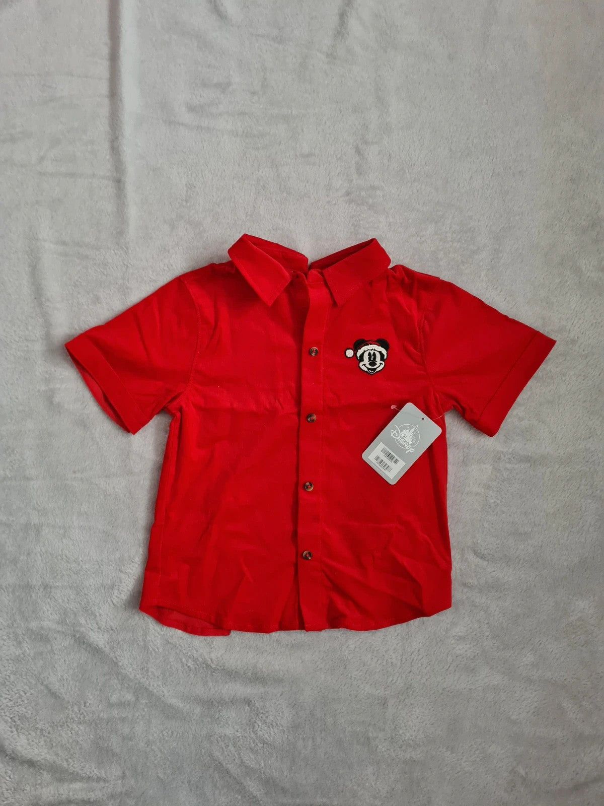 Disney kids boys 4y red shirt short sleeve Mickey Mouse print cotton popper back buttons Xmas outfit