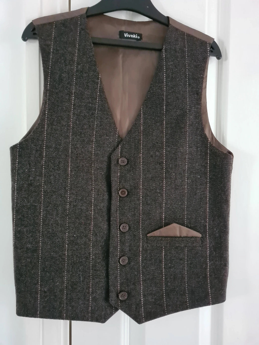 Vivaki brown vintage tweed waistcoat suit set buttons slim fit smart casual XS