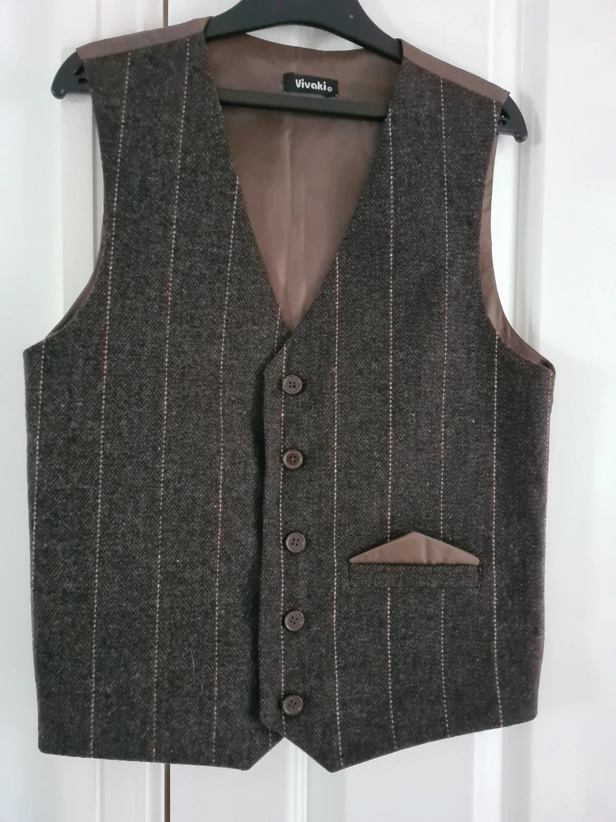 Vivaki brown vintage tweed waistcoat suit set buttons slim fit smart casual XS