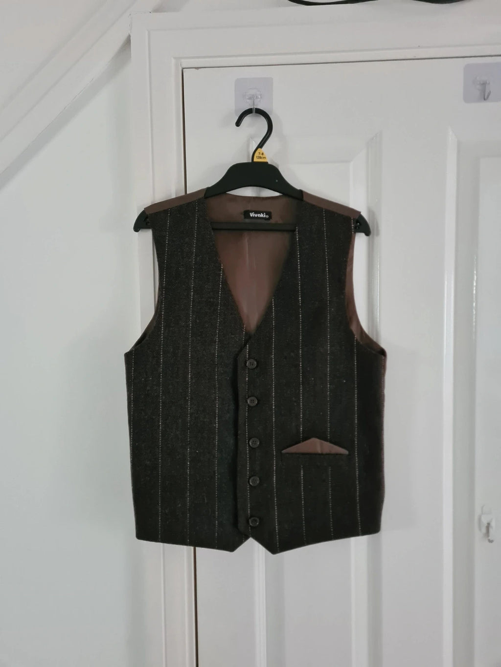 Vivaki brown vintage tweed waistcoat suit set buttons slim fit smart casual XS