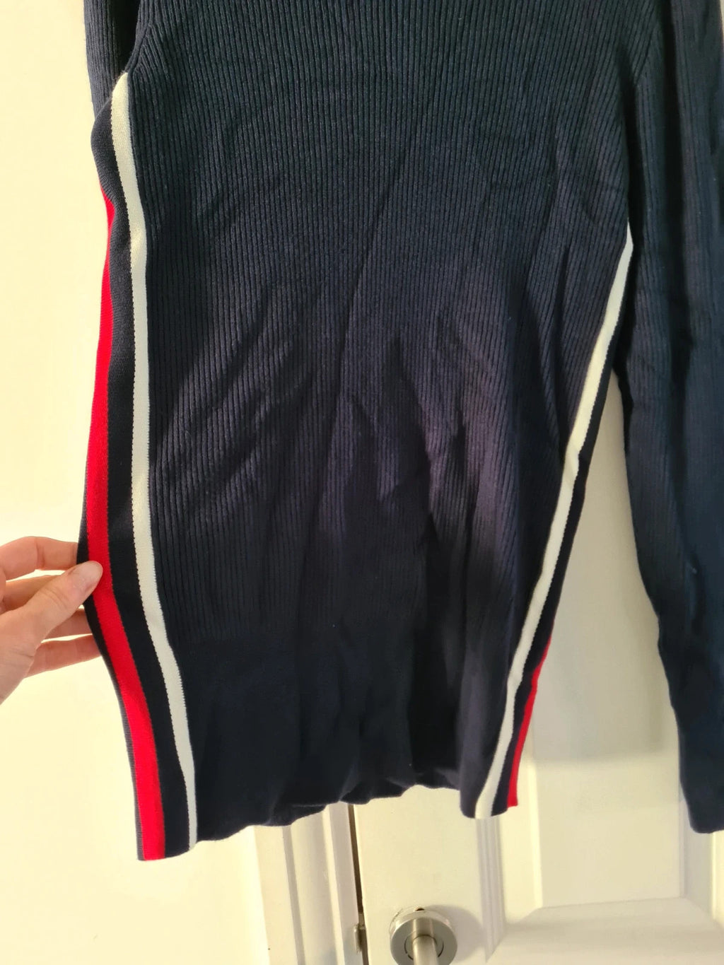 M&S women navy mix knitted ribbed sweater long sleeve top crew neck stripes on side casual L/12