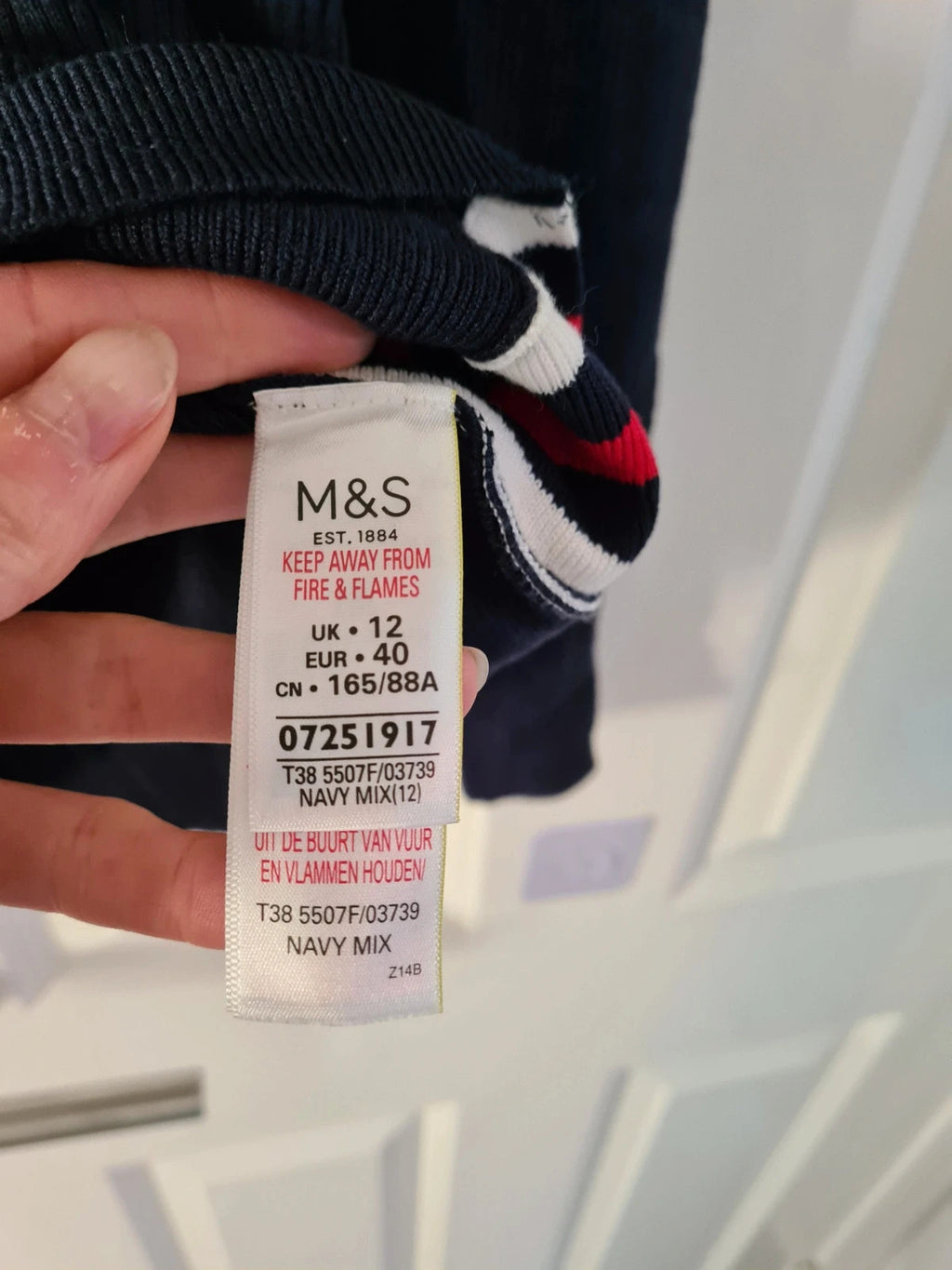 M&S women navy mix knitted ribbed sweater long sleeve top crew neck stripes on side casual L/12