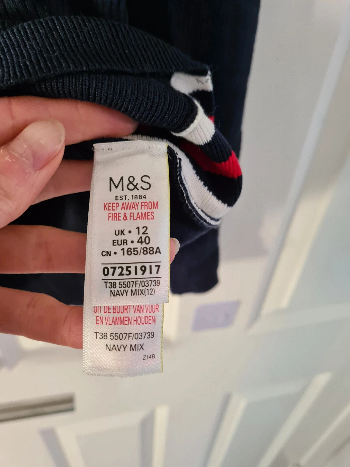 M&S women navy mix knitted ribbed sweater long sleeve top crew neck stripes on side casual L/12