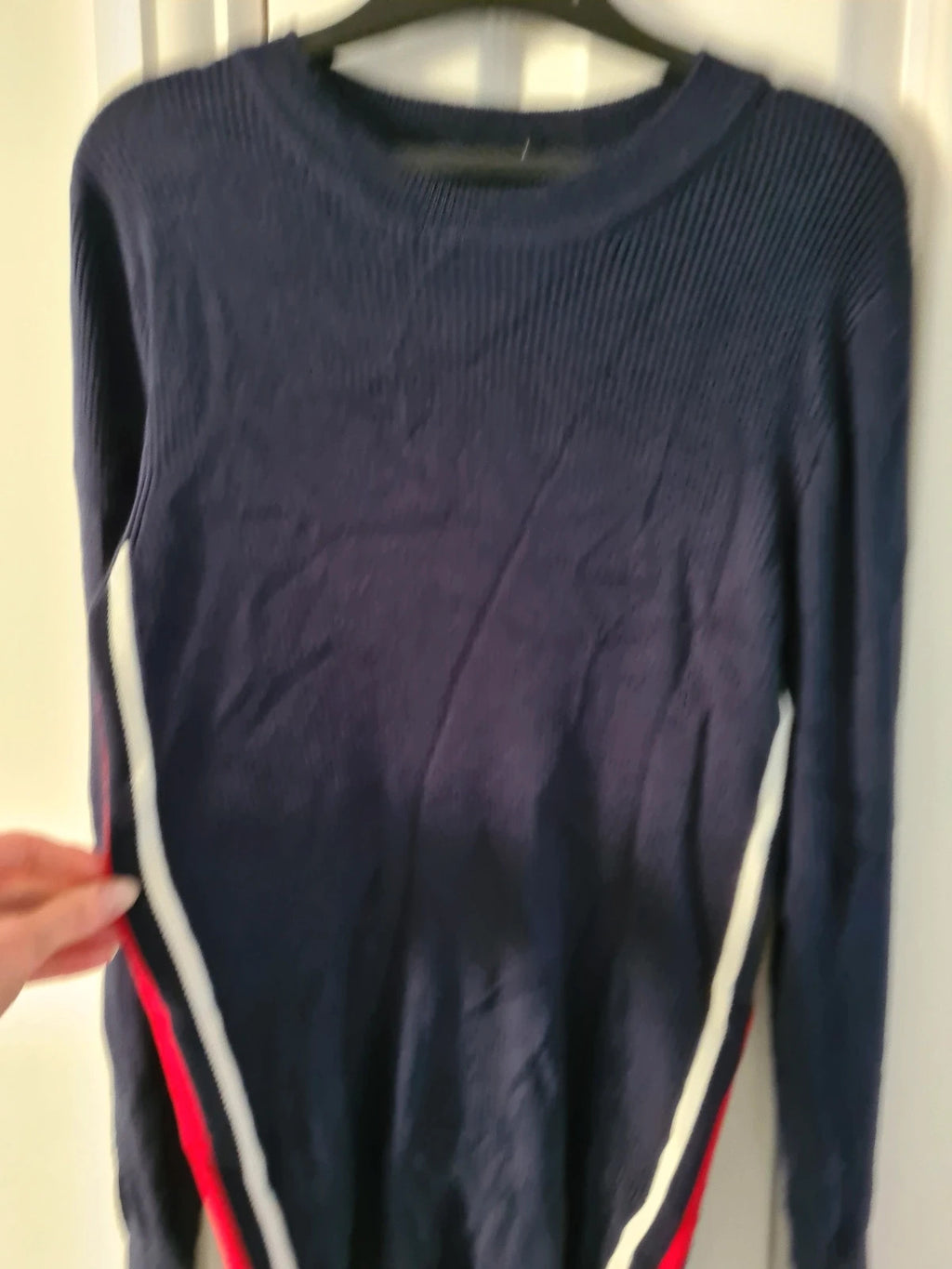 M&S women navy mix knitted ribbed sweater long sleeve top crew neck stripes on side casual L/12