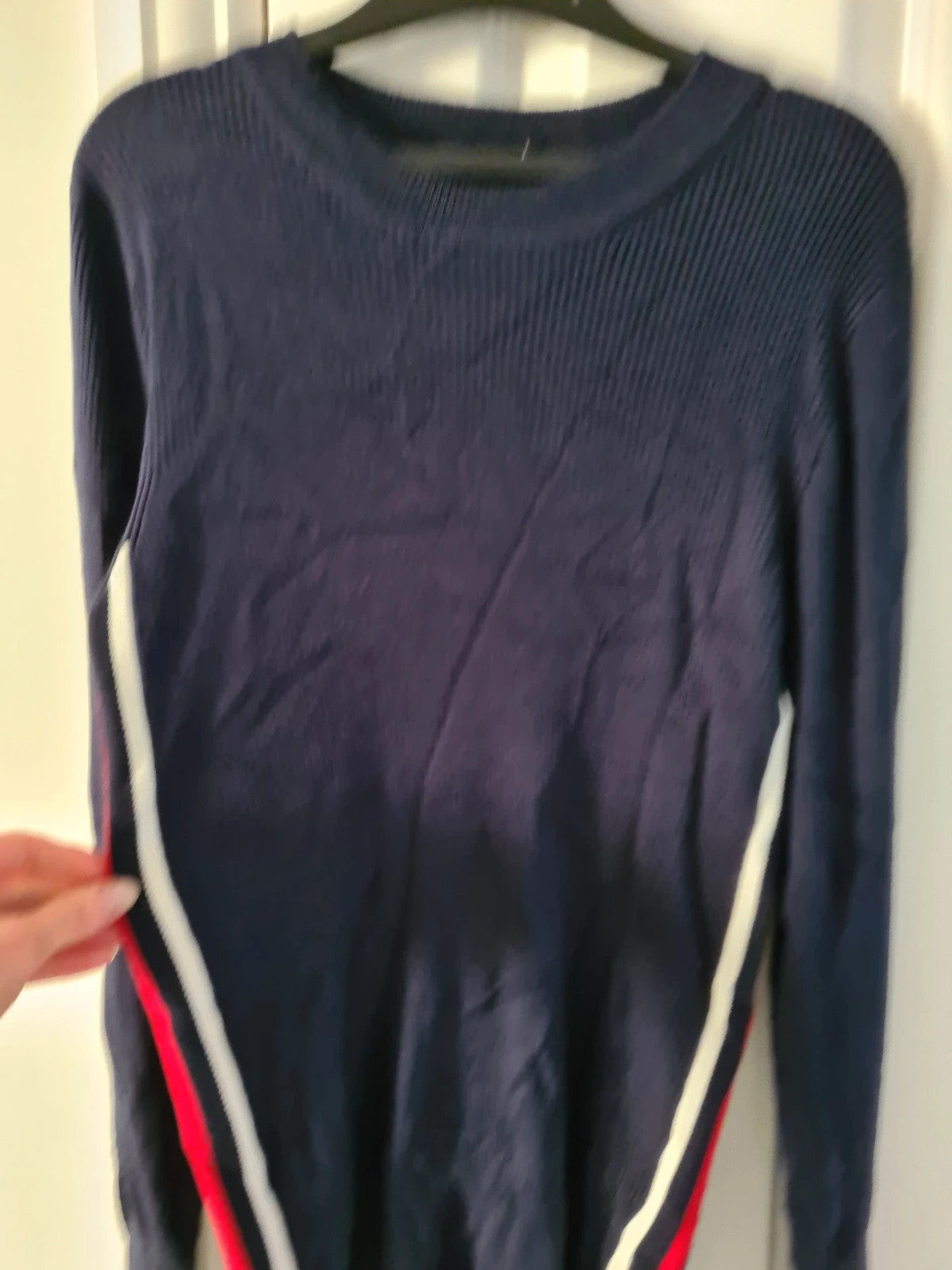 M&S women navy mix knitted ribbed sweater long sleeve top crew neck stripes on side casual L/12