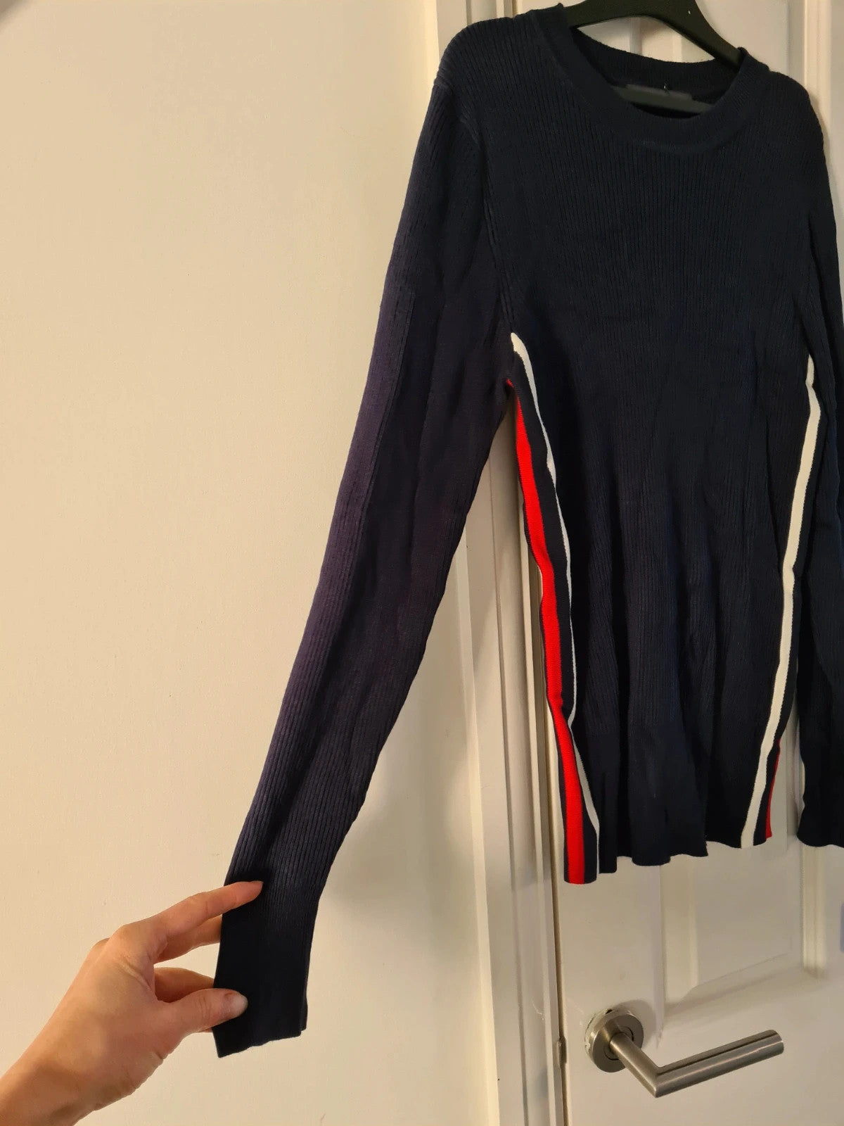 M&S women navy mix knitted ribbed sweater long sleeve top crew neck stripes on side casual L/12