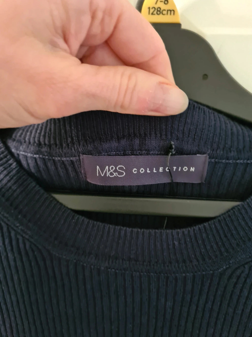 M&S women navy mix knitted ribbed sweater long sleeve top crew neck stripes on side casual L/12